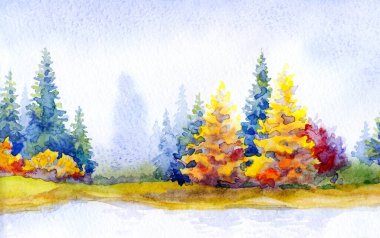 Canlı bir el çizimi akvaryum taze çimen güzellik sahnesi kağıt metin arkaplanı. Parlak kırmızı turuncu renkli boya çalılık sakin, serin hava günü. Manzaralı dere körfezi sahili kırsal arazi manzarası