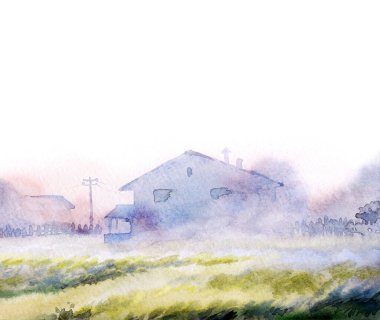 El çizimi suluboya ahır kulübesi açık kağıt metin arkaplanı. Sakin, nemli, sisli, kır ağacı manzaralı, dumanlı, parlak, mavi renkli, geçmişe dönük sanat eserleri.