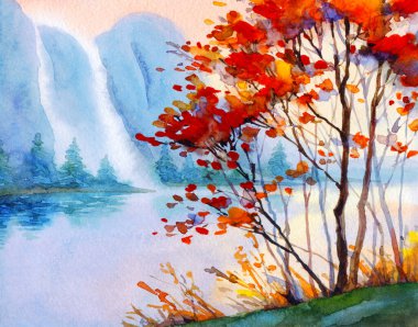 Suluboya boya bulutlu, bulanık, kayalık deniz kıyısı sahnesi, arka plan kâğıdı, metin alanı. Koyu kırmızı renkli sis bulutu vadi çağlayan deresi. Açık hava yabani çalı bitkisi kır manzaralı çizim çizimi