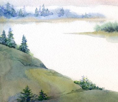 Açık kağıda elle çizilmiş suluboya resim. Yazı uzayı. Taze taiga tarlası çalılığı. Çalı bitkisi, kayalık arazi. Sessiz bulutlu sonbahar hayatı eski Alp Slope Park sanat eserleri sahnesi. Pond Creek Körfezi manzaralı