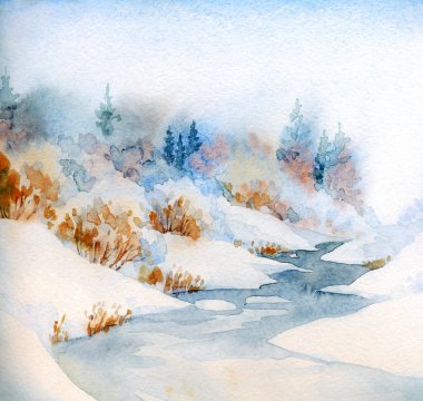 Açık renkli kâğıt arkaplan arkaplanı üzerine suluboya resim çizimi. Sakin mavi çalı çalısı kış günü sahnesi. Buzlu yeni yıl Deresi Deresi Körfezi manzarası