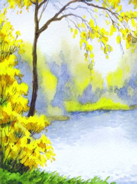 Canlı el çizimi suluboya ressamı kağıt arkaplanda temiz hava rüzgarı günbatımı sahnesi çiziyor. Kırmızı turuncu boya sanat eserleri çalılık vadi çimenliği sakin bir günde dere kıyısı manzarası