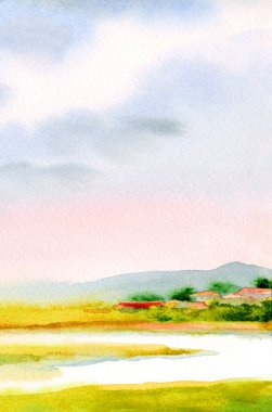 El çizimi sanat eseri, güneşli cennet sahnesi metin arkaplanı çizimi. Hafif sakin eski Avrupa seyahat tepe tepe bataklık dere koyu yeşil çimen çalı köknar bitki sis sis soyut manzara