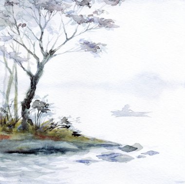 El çizimi resim çizimi, Creek Körfezi sisi, yağmur sahnesi, arka plan kâğıdı, metin alanı. Açık gri renkli, sisli, bulutlu, sakin, eski, kır bahçesi, okyanus yelken taşları, kumsal çalıları, sonbahar manzarası.