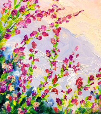 Bright acryl lilac pink rose paint rustic sketch autumn yard scene view hand drawn. Sun light style spring rural Rugosa lavanda bud petal farm lawn grass scenic white even text space herbal greet card