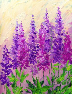 Parlak guaj boyası yaz manzarası. Canlı lavanta renkli el, hafif kağıda retro tuval fırça sanat kartı tarzında akrilik çizmiş. Pembe günbatımı gökyüzü sahnesinde narin eflatun renkte taze çalılık. 