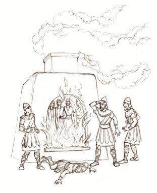 Doğu Suriye yasalarına göre 3 yaş grubu kollarını bağladı. Yahudi erkek kurban ocağın dumanına dayanmak için dua ediyor. Çizgideki kalem el, geriye doğru çizilmiş. Yazar İranlı Arap. Panik atak, korku, ölüm.