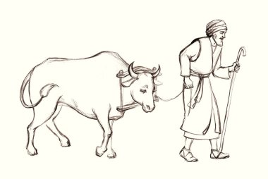 Retro antique arab biblic art hand drawn sketch jew guy bring go ride holy ritual yoke breed male pet meat food. East asia israel herd slave labor job God pray field road asian market story text space