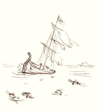 Kayıp İnciller, Roma donanmasının güverte direği sıçrama gölü batma tehlikesi, sahil kıyısı, beyaz gökyüzü mesaj uzayı. Denizci Paul Sos hayat kurtarır İncil 'deki el yazısı çizimi sanat sembolü