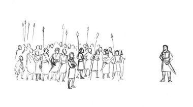 Geçmişe dönük cesur Roma erkek yaşlı zırhı insan kahramanı beyaz savaş alanı kara savaşı zafer sahnesini kazandı. Orta siyah el çizilmiş Yahudi muharebesi David İslam kampı sanat eskizini koruyor.