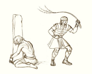 Şehit Yahudi Tanrısı Cuma günü halka açık cezaevinde kal. İp beyaz gökyüzü sahnesini bağla. El aletleri tutuklaması, insan bedeni, Paul. Acı, ölüm, taş, köşe, İsrail, Roma sanat eskizi.