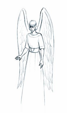 Saint jewish prayer male seraph cherub mythic hero stand pray church temple sky. Black pencil line hand drawn old power holy jew miracle light dress cloth human fly spirit war myth legend vision art 