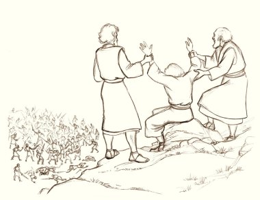 Holy jew power armor knight force israeli history elder senior age male arm rise up ask beg God legion high hill top land white sky scene. Jewish fighter defence symbol retro biblic story sketch art