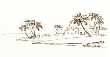 Middle islam age orient oasis plant land wooden park hill road path pond beach artist scene view. Black line hand drawn retro art sketch wild Galilee sea mount travel light summer ocean sky text space