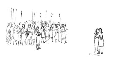 Geriye dönük erkek güçlü zırhlı zırhlı muhafız büyük kollu asker insan kalabalığı Canaan arazi sahnesi. Ortadoğu siyah eli çizilmiş yahudi Tanrı 'ya yalvaran çocuk kampı İslami Müslüman karikatür çizimi