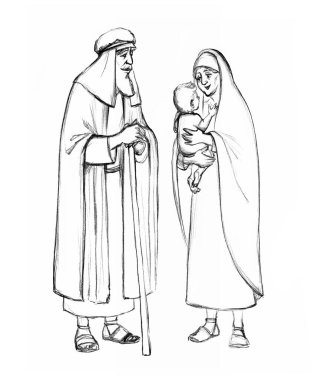 Yaşlı yahudi anne kollarını kaldırmayı sever Isaac kucakla küçük doğumlu anne duası gülümse. Siyah kalem çizilmiş kutsal Yahudi erkek kahin baston kız neşe tanrısı İslam 'a Arap inancı sanat eskizi