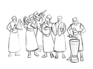 Eski bir orkestra çalıyor. Kalem çizimi