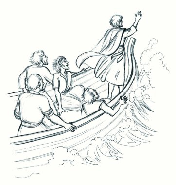 Antik Doğu Asya Arap erkek adam kol yasağı tehlikesiyle karşı karşıya ıslak Celile Kinneret nehri sahnesi. El çizimi koyu siyah kalem Yahudi eski çağ kutsal aziz eski Yahudi İncil hikayesi sanat tasviri beyaz gökyüzü