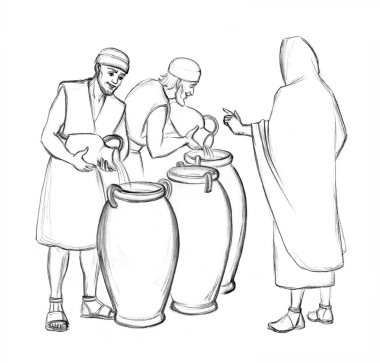 Holy lord stand teach pray male guy human work faith hold jar bowl cup old god supper story art sketch. Retro east dress cloth hand drawn rear back saint savior look smile steward rural Galilee scene