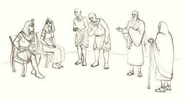 Lüks kumaşlı, baston çubuklu adam Tanrı 'dan izin iste Torah sahnesi siyah çizilmiş eski çağ asilzadesi kutsal Yahudi kıdemli rahip Doğu Arap çizgi film çizim tarzı inanç hikayesi teklif ediyor.