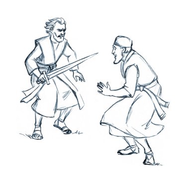 Şeytani tehlikelere göğüs germek yaşlı, yetişkin bir erkek savunma eli güçlü bir İsrail Yahudi bıçağı çekti. Savaş gücü çatışması eski çağ İncil 'e ait hikaye kumaş kumaş korsan korsan korsan şövalye hırsız hırsız suç istismarı