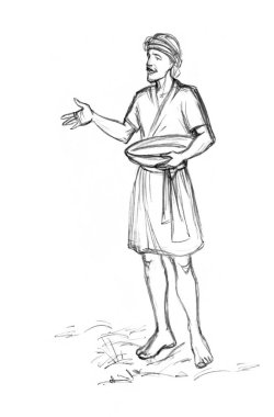 Pis Yahudi erkek ekici ayağa kalkar, yürür tarla beyazı gökyüzünü. Siyah çizgi çizili İncil adamı git mısır gevreği dök toprak simge simgesi konsepti geçmişe dönük kültür incili çizgi roman çizimi 