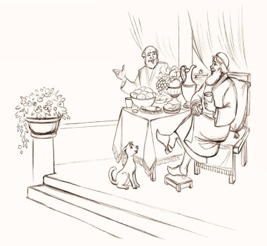 Middle East Asian Arabian old drunk male jew guy group hold cup tasty wine fun merry cheer laugh Islam iftar greet event dog retro home. Hand draw story art sketch happy joy smile talk bake bread dish