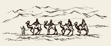 Eski yahudi inanışı bilge adam kral magi gidiyor kutsal oğul doğum çocuk İsa altın hediye retro grafik sanat neşeli Xmas yerli hatta hikaye sahnesi siyah el İsrail inanç kartı metin alanı çizdi