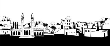 Geçmişe dönük eski İncil Yahudi çağı kırsal ülke Medine palmiye ağacı kentsel sahnesi beyaz gökyüzü manzaralı. El çizimi İran Iraklı Umman kulesi seyahat çizimi çizgi çizgi çizgi kutsal kitap sanat vektörü