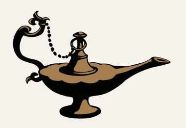 Yakın plan, beyaz masa boşluğunda eski, kilden yapılmış gazyağı kampı şişesi. Siyah mürekkep çizilmiş el, altın kutsal peri efsanesi sihirli alladin rüya, lütfen logo işareti, kutsal çizgi film stili.