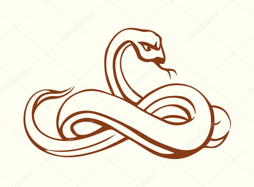 Scary big snake. Vector drawing Closeup view big curve death teeth crawl king viperidae crotalus asp serpentine skin coil white sand ground text space. Outline black ink pen hand drawn abstract zoo emblem old retro doodle art style