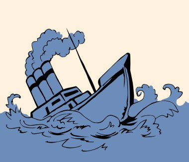 Antik ahşap paslı büyük fırkateyn alt direği beyaz gökyüzü metin uzayında kalır. Ana hatları siyah el çizilmiş derin denizcilik batık rüzgar sorun galleon logo işaret simgesi çizimi sanat retro doodle çizgi çizgi tarzı