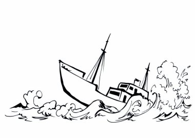 Antik ahşap paslı büyük fırkateyn alt direği beyaz gökyüzü metin uzayında kalır. Ana hatları siyah el çizilmiş derin denizcilik batık rüzgar sorun galleon logo işaret simgesi çizimi sanat retro doodle çizgi çizgi tarzı