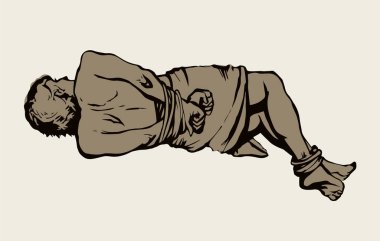 Bakış açısının gerisinde eski stres yetişkin kısıtlı sicim yatar kol. Siyah çizgi, şeytani saldırı, yasadışı satın alma, ticari suçluluk duygusunu engelleme, konsept ikon işareti. Retro beyaz sanat çizgi film tarzı