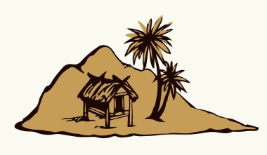 Eski yalnızlık turistik tatil beldesi deniz taşlı çöl beyaz gökyüzü. Siyah el, 1 bali konsept logo simgesi tabela sahnesi çizdi. Retro sanat karalama çizgisi çizgi film baskı tarzı gezi manzarası