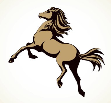 Muhteşem gururlu beyaz atlı at yarışı parkında akıllıca geri geri gidiyor. Freehand ana hatlarıyla siyah mürekkep kalem el çizilmiş Endülüs binicisi canavar logosu piktogram tasarımı. Sanat karalama retro kağıt çizgi film tarzı