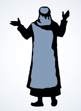 Bedeviler, hoş geldiniz türban şapkalı adam. Siyah çizilmiş eski İncil insan inancı simgesi. İncil 'de geçen Yahudi karikatürü Musa Vaiz. Asya kandura bornoz bornoz ceketinin arkası kollu Yahudi manzarası