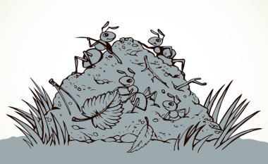 Büyük, kırmızı eklembacaklı, komik, organik toprak bacak. Ana hatlı kahverengi el çizilmiş büyük, eğlenceli formicary logo tasarımı. Çizgi roman tarzı sanat baskısı. Ayrıntılı makro görünüm ışık boşluğunu kapat