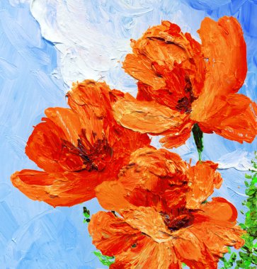 Parlak modern gouache pembe boya pastel eskiz desenli görünüm. Canlı turuncu renkli el, akrilik botanik tomurcuk kök otu çizmiş. Retro yaratıcı beyaz kağıt branda fırça tebrik kartı tarzı taze mavi gökyüzü sahnesi