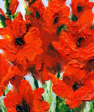 Kırsal retro malva sanat eseri manzarası. Canlı el çizimi akrilik boya yetişen bitkiler. Modern kanva kart tasarımı tarzı. Parlak turuncu renkli taze zambak tomurcuklanmış bitkisel tarla sahnesi