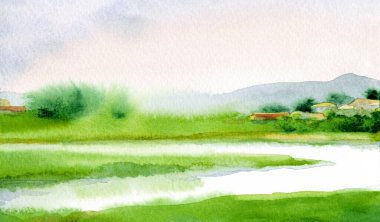 El çizimi sanat eseri, güneşli cennet sahnesi metin arkaplanı çizimi. Hafif sakin eski Avrupa seyahat tepe tepe bataklık dere koyu yeşil çimen çalı köknar bitki sis sis soyut manzara