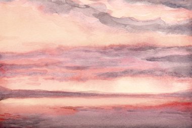 Hand drawn paint quiet calm beach shore fresh sun glare white light dawn heaven horizon view scene. Paper card text space retro sketch style design blue violet acryl color pond rain mount view picture