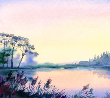 Hand drawn paint artwork quiet rural hill hut home rain cloud scene sketch text space. Sun dawn light calm old travel land bay green bush fir pine plant fall fog mist haze farm field flood artist view