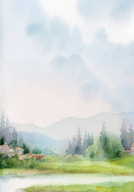 El çizimi sanat eseri, güneşli cennet sahnesi metin arkaplanı çizimi. Hafif sakin eski Avrupa seyahat tepe tepe bataklık dere koyu yeşil çimen çalı köknar bitki sis sis soyut manzara