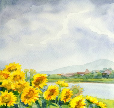 El çizimi parlak sanat eserleri sıcak köy şehrini boyarken cennet sahnesi beyaz kağıt metin alanı çiz. Açık mavi renk sakin paskalya çalı yiyecek bitki tepesi çayır göleti deniz manzarası