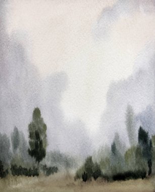 El çizimi açık renk resim karalaması sisli bahar yağmuru sahnesi sahne kağıdı metin arkaplanı. Sakin sonbahar dumanı olgunlaşmış tahıl, ekin manzarası çalı, köknar ağacı, soyut manzara.