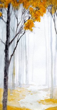 Elle çizilmiş ressam suluboya, sisli kağıt, metin arkaplanı. Siyah renk boya, buzlu kırmızı fırça tarzı sisli kırsal çalılık manzaralı. Sakin eski dal soluk avlu çizim sahne