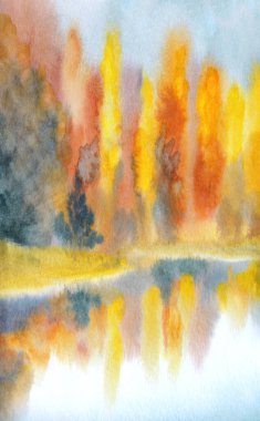 Canlı bir el çizimi akvaryum taze kavak çamı sisi sahne kağıdı metin alanı arkaplanı. Parlak kırmızı turuncu el işi çimenleri çalıları çalıları serin hava günü manzaralı dere kıyısı kırsal manzarası