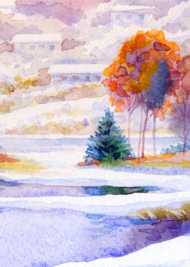 El çizimi sanat eseri serin yeni yıl sis bulutlu gün sahnesi. Açık beyaz kart arka plan eski tarz. Parlak renk eski çalı ormanı buz gibi soğuk sakin gölet göleti kıyısı manzarası