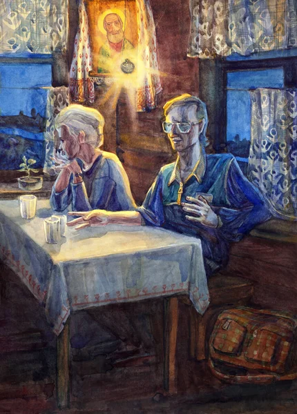 2 poor human sad lady look male guy guest talk bore love toast eat meal food cup wooden hut seat light lamp dark dusk sky Hand draw adult young marry pair sit relax think even night retro graphic art